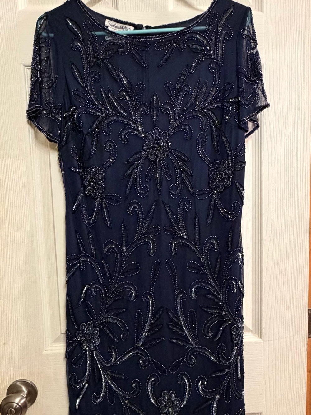 Embellished Navy Midi Dress with Short Sleeves